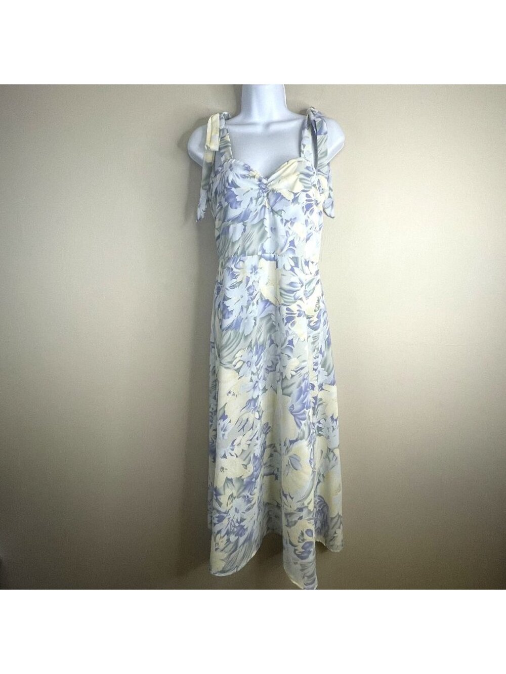 Y2K Babydoll Dress Womens Small Yellow Maxi Romantic Cottage Floral Bow Strap